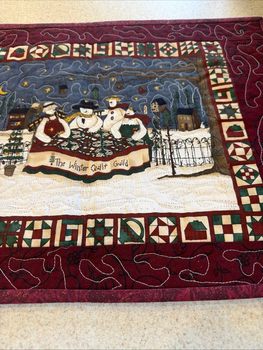 Winter Quilt Guild Snowmen set of 4 placements - Burgundy reversible